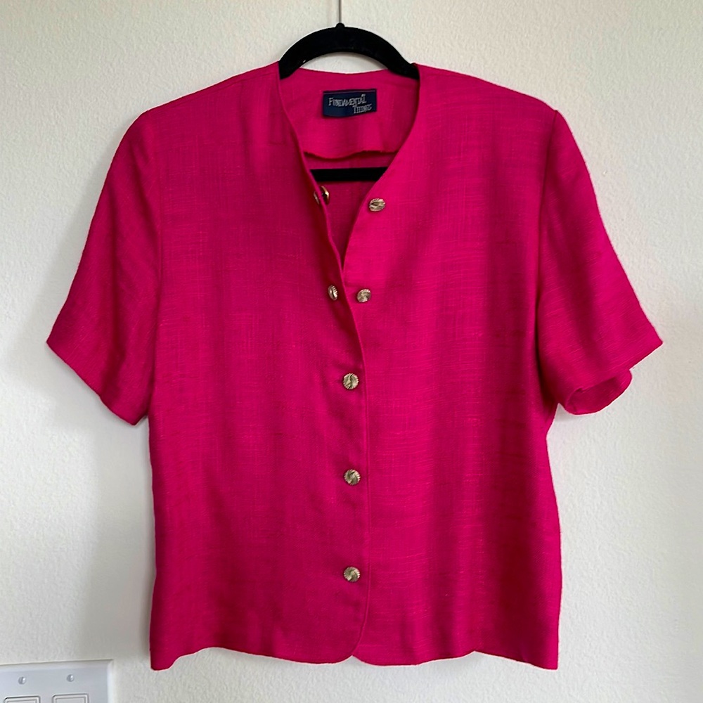 Vintage Fundamental Things Magenta Pink Short Sleeve Lightweight Button Up Top